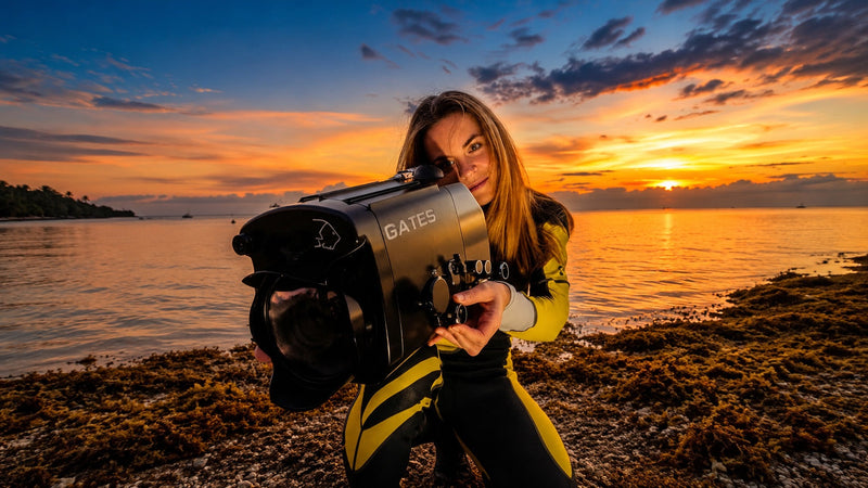 Underwater filmmaker by The Ambient Collection holding a professional camera housing by the ocean at sunset
